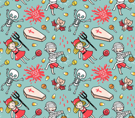 Halloween seamless pattern with children in costumes and stylish lettering - trick or treat. Holiday vector  background with skeleton, zombie and bat.のイラスト素材