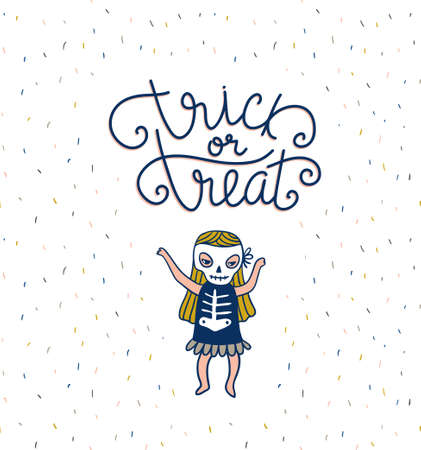 Halloween lettering greeting card. Vector holiday background. Hand drawn stylish illustration with text and child skeleton costume.のイラスト素材