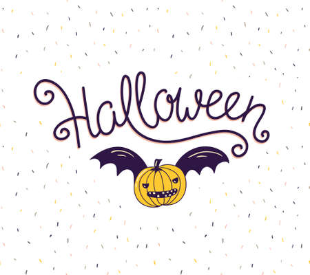 Halloween lettering greeting card vector holiday poster. Hand drawn stylish illustration with text and pumpkin with wings on the confetti background.のイラスト素材