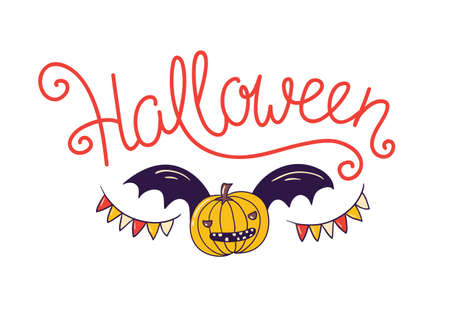Halloween lettering greeting card. Vector holiday poster. Hand drawn stylish illustration with text and pumpkin with wings on the confetti background.のイラスト素材