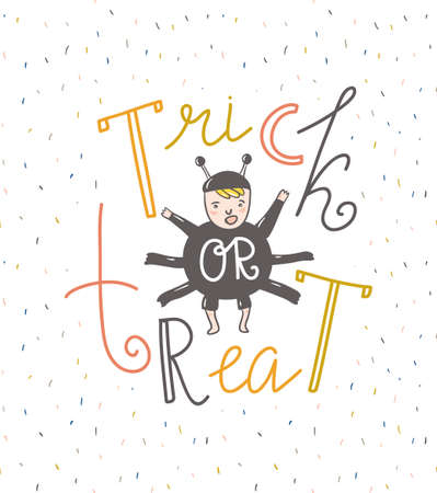 Trick or treat lettering greeting card. Vector holiday background. Hand drawn stylish halloween  illustration with text and spider man.のイラスト素材