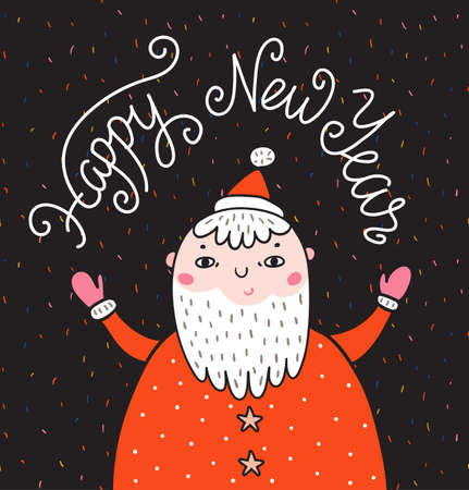 Merry Christmas greeting card on dark background with Santa Claus and stylish lettering - Happy New Year. Season vector holiday poster template. Handwritten text.のイラスト素材