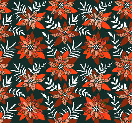 Seamless Christmas background with poinsettias. Vector illustration. Floral fabric design. Tropical flowers in hand drawn style.のイラスト素材