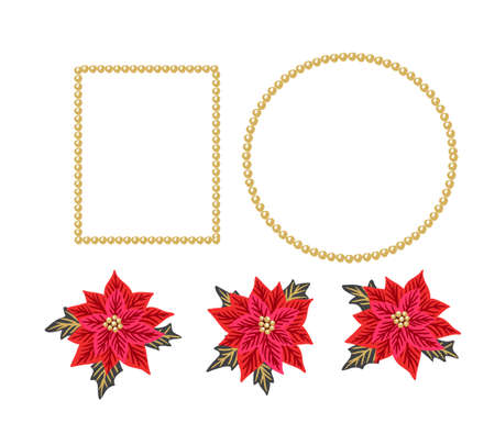 Christmas background with red poinsettias and gold beads frames. Vector illustration. Festive design elements.のイラスト素材