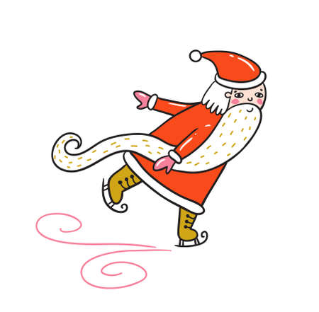 Merry Christmas and New year card with Santa Claus skating. Vector Holiday Illustration isolated on the white background. Hand drawn greeting card.のイラスト素材