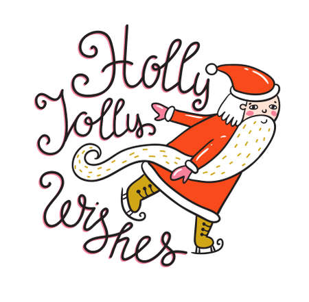 Merry Christmas and New year card with Santa. Vector Holiday Illustration with Lettering label on the confetti background. Hand drawn greeting card with stylish lettering - Holly Jolly wishes.のイラスト素材