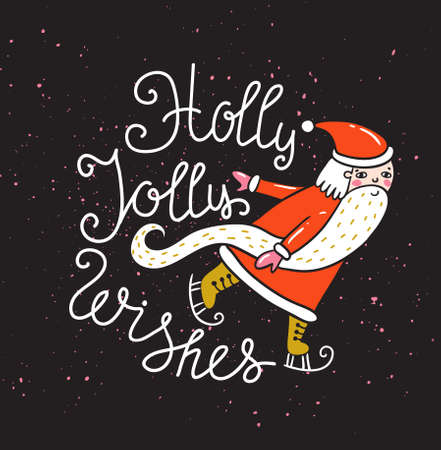 Merry Christmas and New year card with Santa. Vector Holiday Illustration with Lettering label on the confetti background. Hand drawn greeting card with stylish lettering - Holly Jolly wishes.のイラスト素材