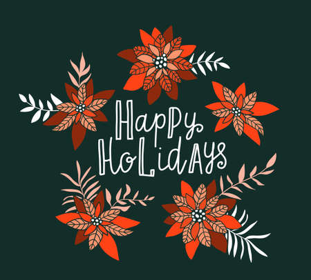 Merry Christmas poster. Vector Holiday Illustration with Lettering label and poinsettia flowers. Hand drawn greeting card.のイラスト素材