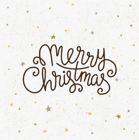 Merry Christmas greeting card. Season vector holiday poster template. Handwritten text on the light background with night star sky.のイラスト素材