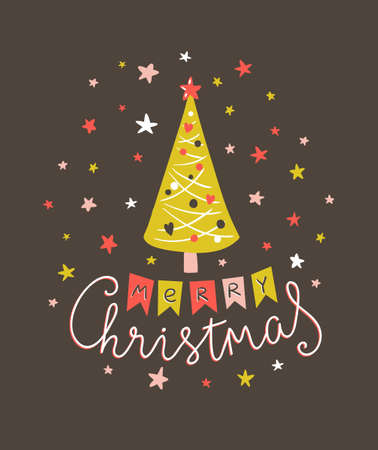 Merry Christmas and New year card. Vector Holiday Illustration with Lettering and traditional christmas tree  on the confetti background. Hand drawn greeting card with stylish lettering - Merry Christmas.のイラスト素材