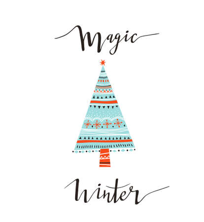 Hand-written Christmas lettering and xmas tree isolated on white background.  Season vector holiday  design with calligraphy - magic winter.のイラスト素材