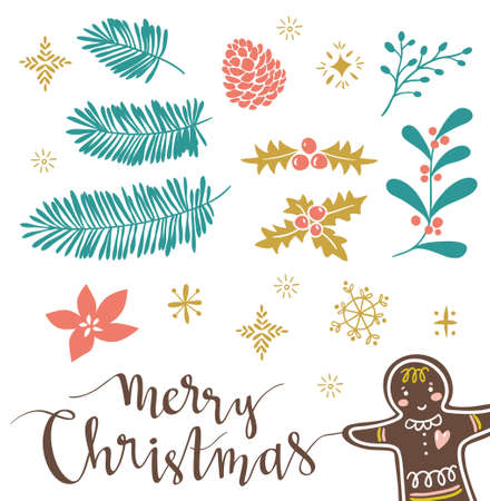 Template for Greeting Scrap booking, Congratulations, Invitations, stickers. Vector illustration with lettering 'merry christmas' and isolated christmas brahches.Gingerbread are hidden under the mask.のイラスト素材