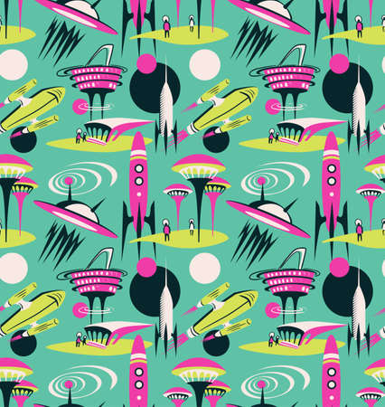 The space city of the future - vector seamless pattern. Space fabric design with rockets and modern city.のイラスト素材