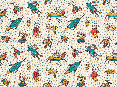 Vector seamless patterns with funny ufo. Colorful seamless background for child fabric design.のイラスト素材