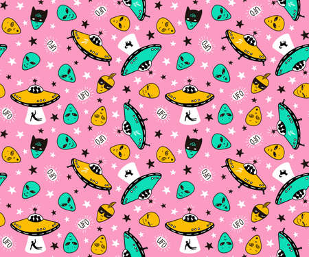 Vector seamless patterns with funny ufo. Colorful space seamless background for child fabric design.のイラスト素材