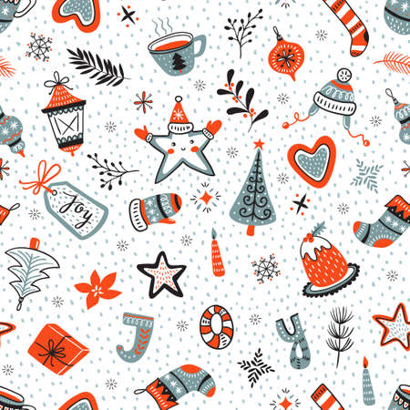 Vector cartoon hand-drawn collection of traditional Christmas set, seamless pattern. New year background.のイラスト素材