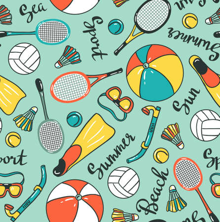 Seamless pattern with sport icons - volleyball, diving, badminton and tennis. Vector fabric design.のイラスト素材