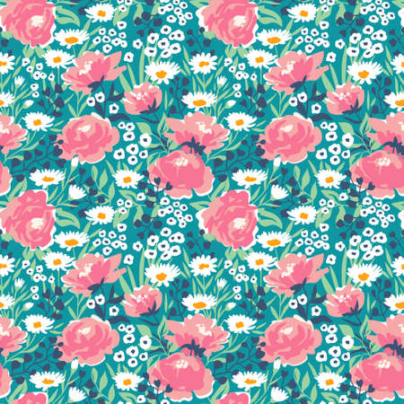 Trendy seamless floral ditsy pattern. Fabric design with simple flowers. Vector seamless background. Garden pattern.のイラスト素材