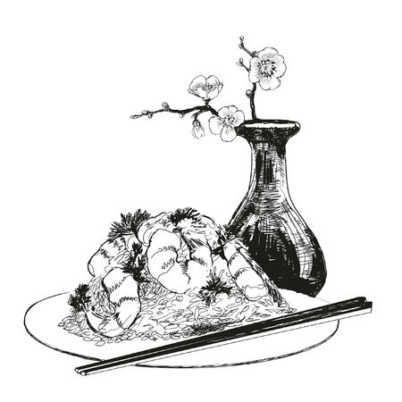 Still life with rice, shrimp and blossoming branch in a vaseのイラスト素材