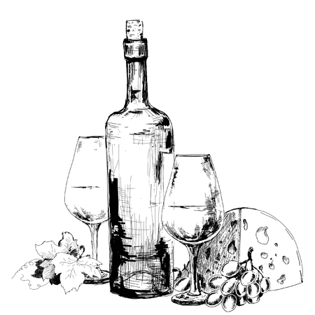 Wine with cheese  and grapes. Hand drawn illustrationのイラスト素材