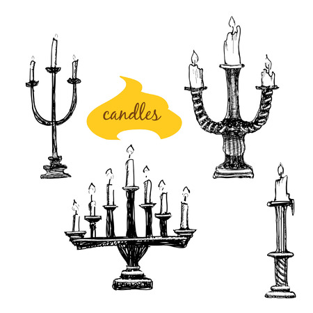 Set of candlesticks with candles. Hand drawn illustrations.のイラスト素材