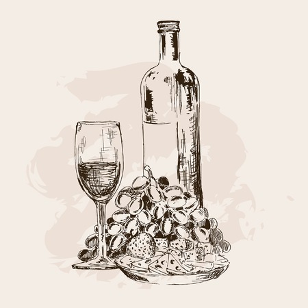 Bottle of wine, glass, grapes and snacks. Hand drawn illustrationのイラスト素材