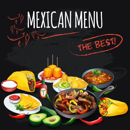 Mexican menu. Corolful food illustration on chalkboardのイラスト素材