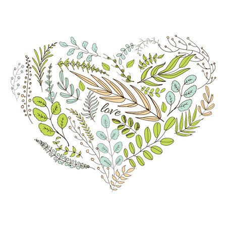 Heart from leaves. Hand drawn graphic leaves in heart form and word -loveのイラスト素材