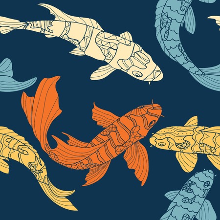 Seamless pattern of koi. Hand drawn graphic fishes with doodle ornamentのイラスト素材