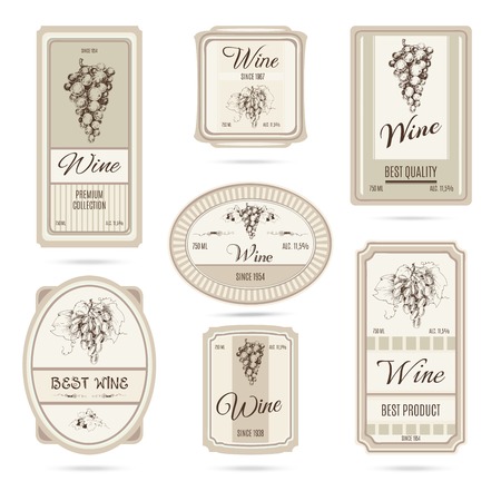 Collection of wine labels. Set of vector labels with hand drawn graphic grapes brunch and beige pastel background.のイラスト素材