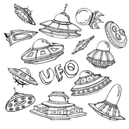 Collection of UFO. Set of hand drawn graphic illustration on cosmic themeのイラスト素材