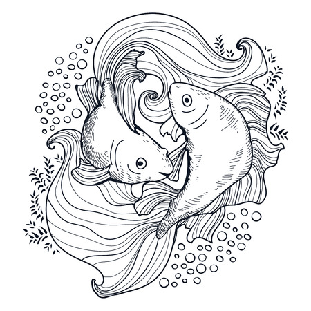 Two gold hand drawn fishes on coloring pageのイラスト素材