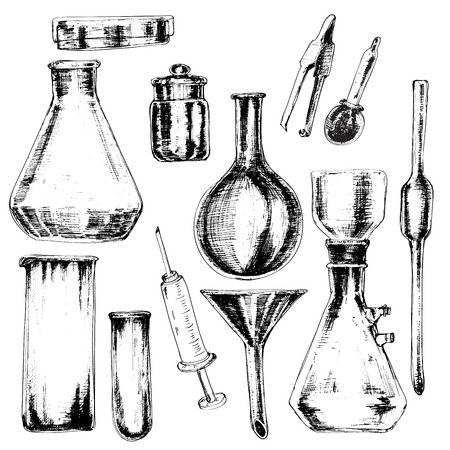 Collection of hand drawn chemical accessories in sketch styleのイラスト素材