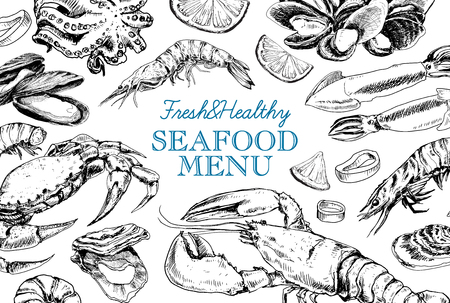 Vector frame with hand drawn seafood illustration - fresh lobster, crab, oyster, mussel, squid and spice. Decorative card or flyer design with sea food sketch. Vintage menu template.のイラスト素材
