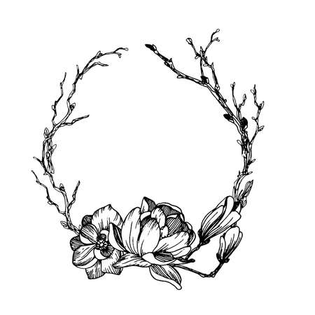 Wreath in engraving styleのイラスト素材