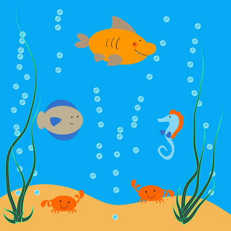 crabs in the sand under the water, shark and fishのイラスト素材