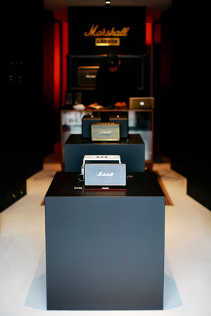 View inside Marshall Store in Boxpark in Shoreditch - trendy area of London.