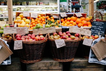 Fresh fruits on display at a market stall in Borough Market.のeditorial素材