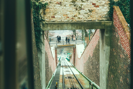 View on cable railroad from Prague funicular cabin. The funicular railway in Prague runs from the Lesser Town up to the top of Petrin Hill.のeditorial素材