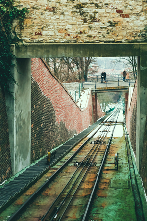 View on cable railroad from funicular cabin. The funicular railway in Prague runs from the Lesser Town up to the top of Petrin Hill.のeditorial素材