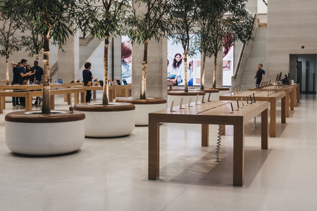 Inside the Apple Store on Regent Street, London that recently had a refurbishment. Regent Street was Appleâs first store in Europe.のeditorial素材