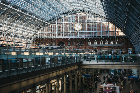 Interior of St. Pancras station, view from above. St. Pancras is one of the largest railway stations in London and a home to Eurostar.のeditorial素材