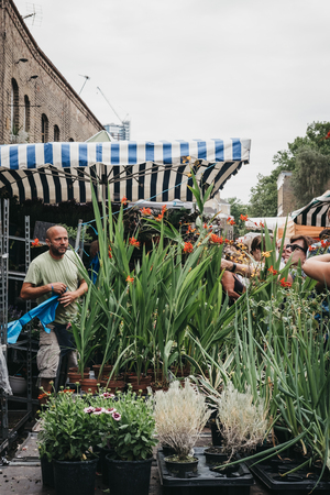 People buying plants and flowers at the Columbia Road Flower Market, a street market in East London that is open every Sunday.のeditorial素材