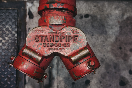 New York, USA - May 28, 2018: Close up top view of a red fire hydrant on a street in New York, USA. Red fire hydrants became an icon of the city streets.のeditorial素材