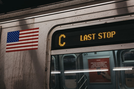 New York, USA - June 2,  2018: Last stop train announcement on C Line in New York. New York City...