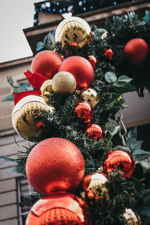 London, UK - November 21, 2018: Close up of Christmas baubles in Covent Garden Market, one of the most popular tourist sites in London, UK.のeditorial素材