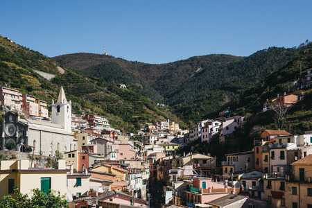 Riomaggiore, Italy - October 30, 2016: View of Riomaggiore, one of Cinque Terre villages, on a...