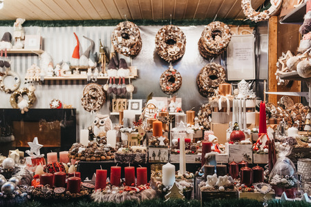 Vienna, Austria - November 25, 2018: Christmas decorations on sale at Christmas World on Rathausplatz, traditional Christmas Market in Vienna with over 150 booths offering food, drinks and crafts.のeditorial素材