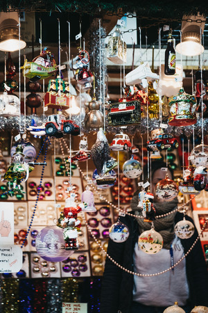 Vienna, Austria - November 25, 2018: Christmas decorations on sale at Christmas World on Rathausplatz, traditional Christmas Market in Vienna with over 150 booths offering food, drinks and crafts.のeditorial素材