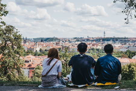 Prague, Czech Republic - August 26, 2018: People enjoying the view of Prague from Petrin Hill, formerly one of King Charles' vineyards and a popular place for both tourists and locals.のeditorial素材